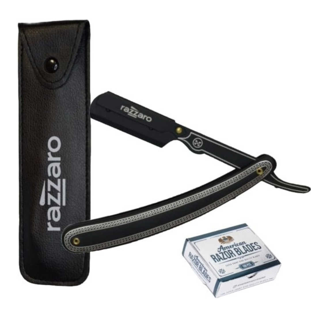 Friends Razor Razzaro Straight Razor Premium Black / Silver + 100 American Razor Bla ...