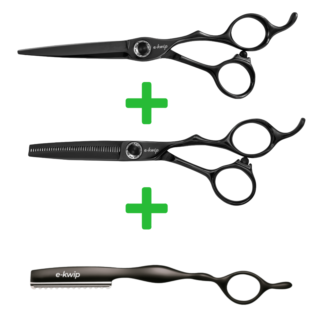 E-Kwip Kuro Hairdressing Scissors Set Black + Free E-Kwip Razor