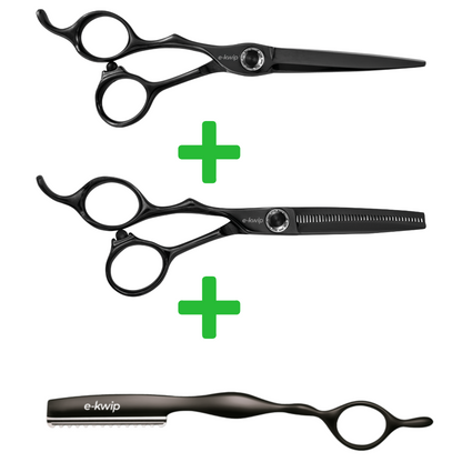 E-Kwip Kuro Friseurscheren-Set, Schwarz Linkshänder + Gratis E-Kwip Rasiermesser